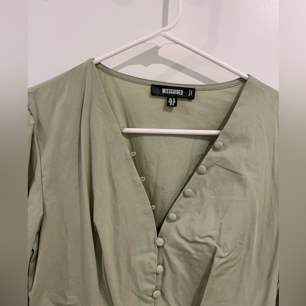 Missguided Sage Green Mini Button Dress - Picture 2 of 3